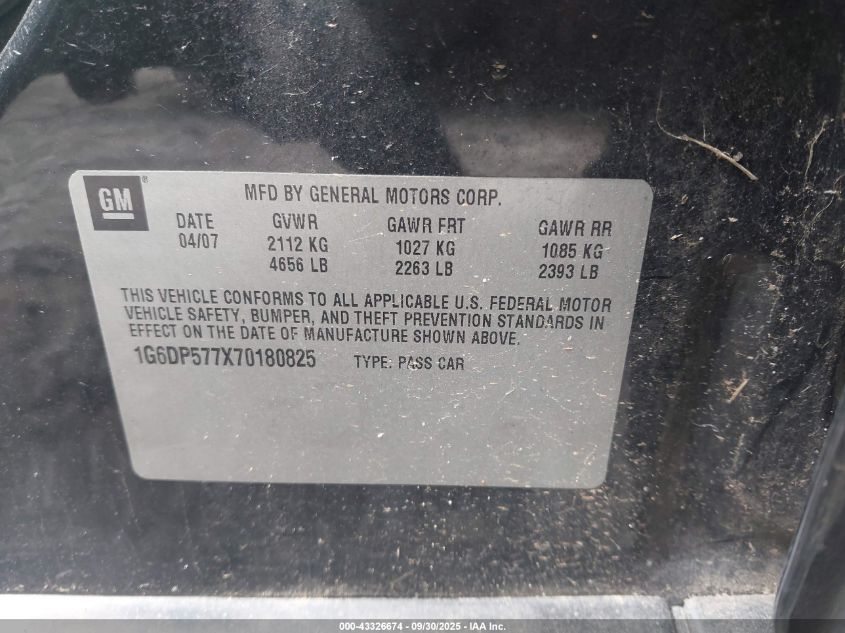 2007 Cadillac Cts Standard VIN: 1G6DP577X70180825 Lot: 43326674