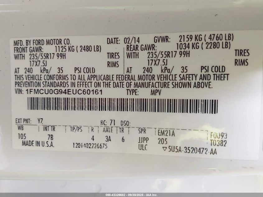 2014 Ford Escape Se VIN: 1FMCU0G94EUC60161 Lot: 43326682