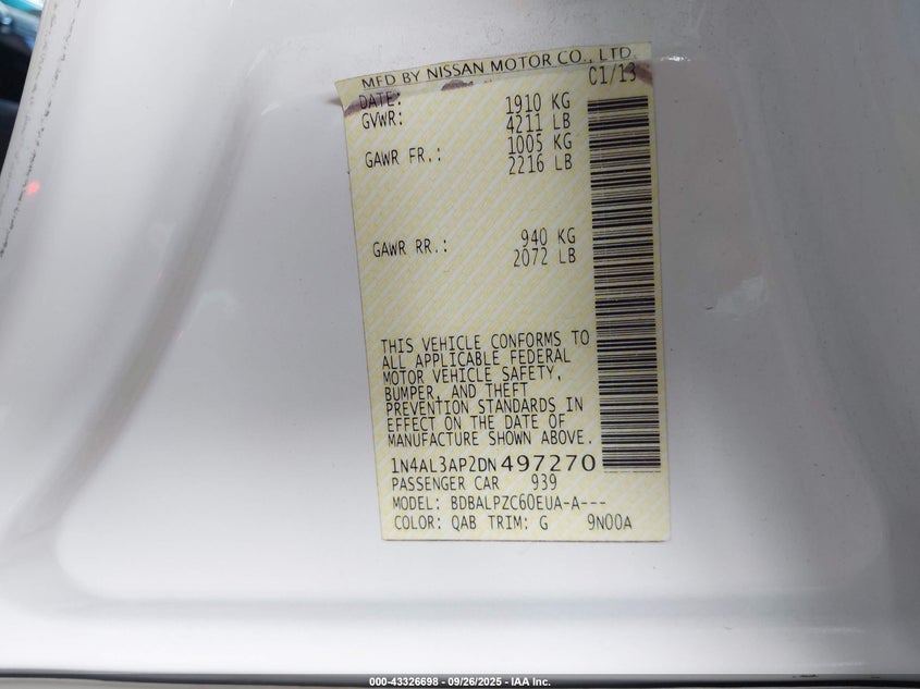 2013 Nissan Altima 2.5 VIN: 1N4AL3AP2DN497270 Lot: 43326698