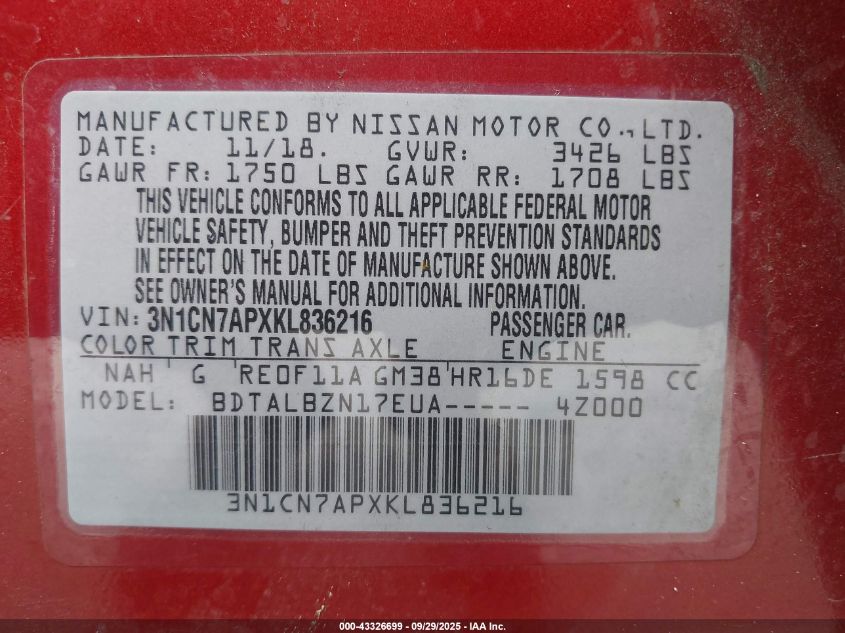 2019 Nissan Versa 1.6 Sv VIN: 3N1CN7APXKL836216 Lot: 43326699