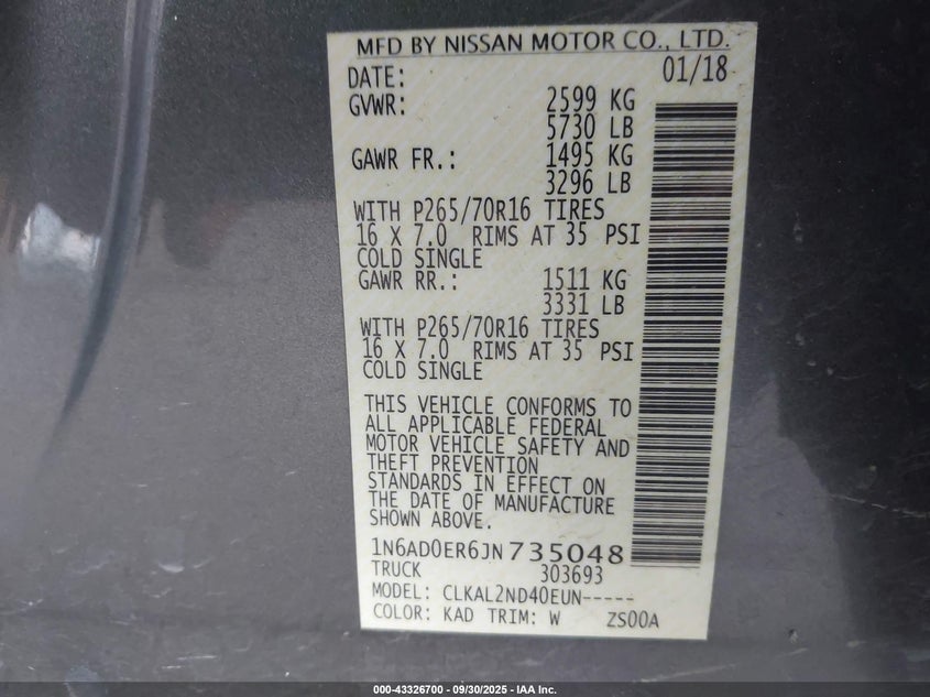 2018 Nissan Frontier Sv VIN: 1N6AD0ER6JN735048 Lot: 43326700