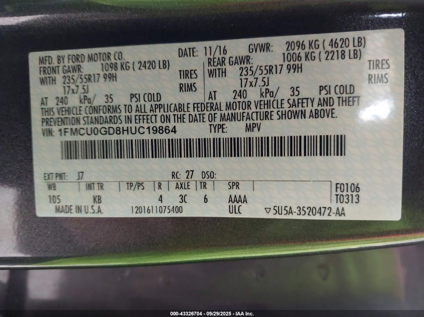 2017 Ford Escape Se VIN: 1FMCU0GD8HUC19864 Lot: 43326704