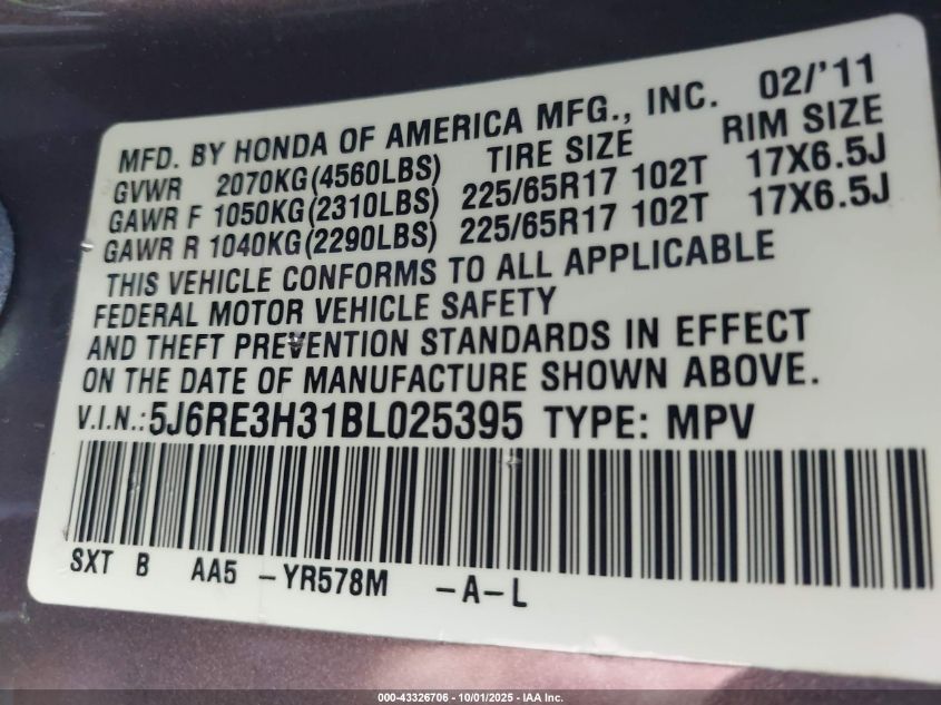 2011 Honda Cr-V Lx VIN: 5J6RE3H31BL025395 Lot: 43326706