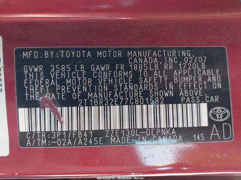 2007 Toyota Corolla Le VIN: 2T1BR32E77C801582 Lot: 43326715