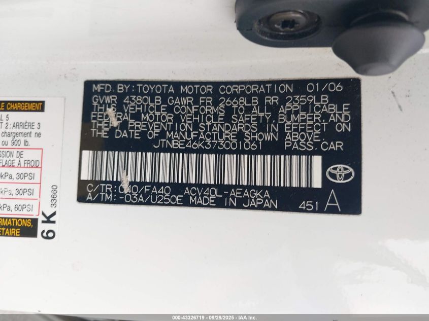 2007 Toyota Camry Xle VIN: JTNBE46K373001061 Lot: 43326719