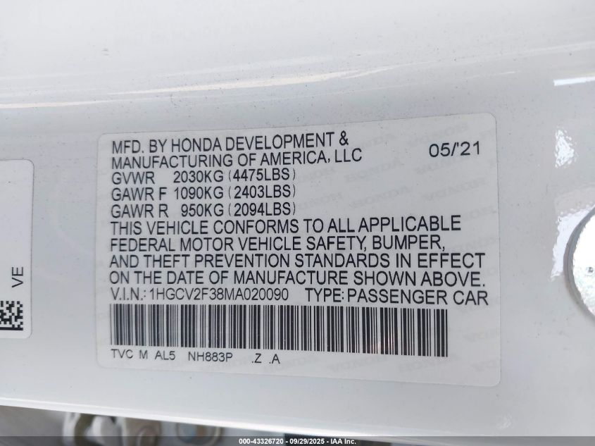 2021 Honda Accord Sport 2.0T VIN: 1HGCV2F38MA020090 Lot: 43326720