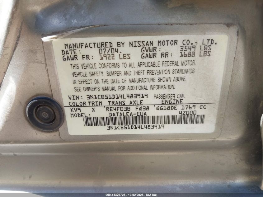 2004 Nissan Sentra 1.8S VIN: 3N1CB51D14L483919 Lot: 43326725