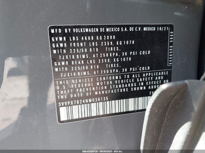 2022 Volkswagen Taos 1.5T Se VIN: 3VVPX7B24NM036135 Lot: 43326728