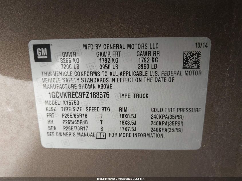 2015 Chevrolet Silverado 1500 2Lt VIN: 1GCVKREC9FZ188576 Lot: 43326731