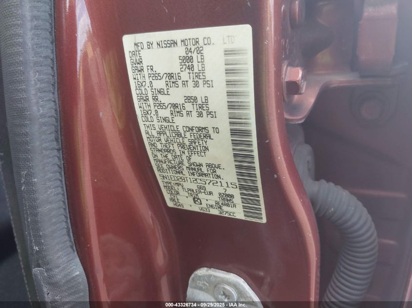 2002 Nissan Xterra Xe VIN: 5N1ED28T12C572115 Lot: 43326734