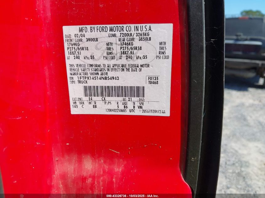 2004 Ford F-150 Fx4/Lariat/Xl/Xlt VIN: 1FTPX14514NB54943 Lot: 43326736