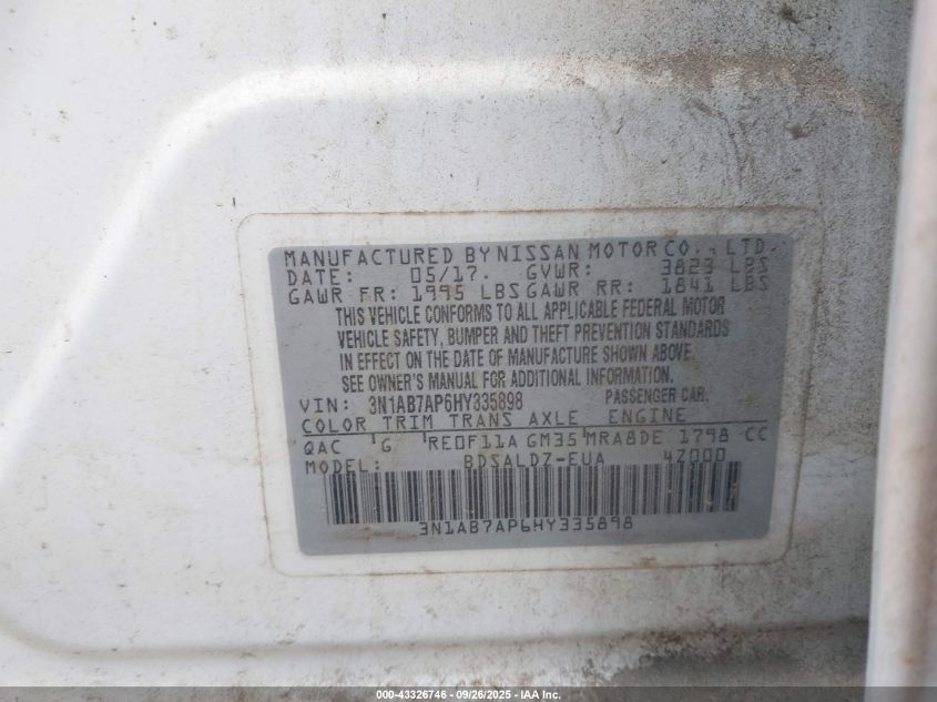 2017 Nissan Sentra Sv VIN: 3N1AB7AP6HY335898 Lot: 43326746