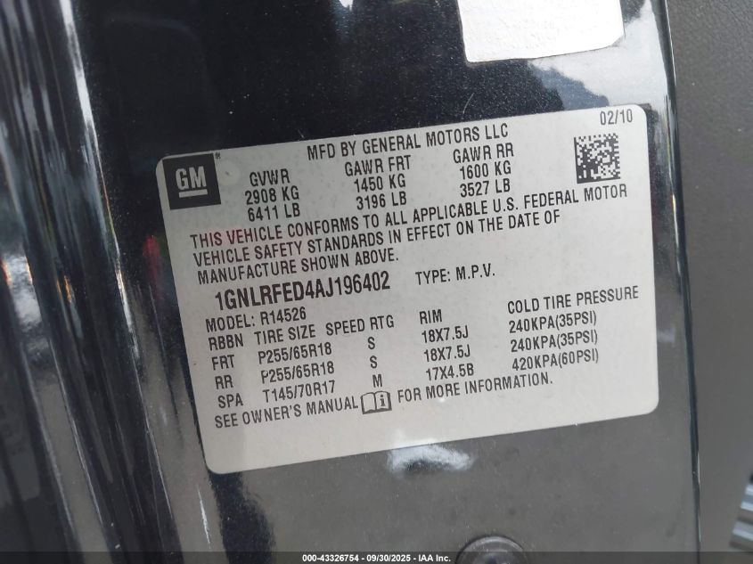 2010 Chevrolet Traverse Lt VIN: 1GNLRFED4AJ196402 Lot: 43326754