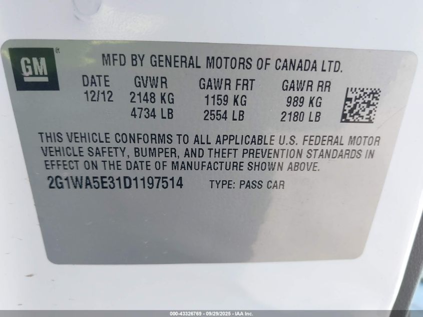 2013 Chevrolet Impala Ls VIN: 2G1WA5E31D1197514 Lot: 43326769