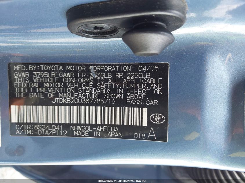 2008 Toyota Prius VIN: JTDKB20U387785716 Lot: 43326771