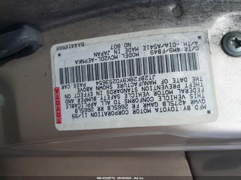 2000 Toyota Camry Le V6 VIN: JT2BF28K9Y0253654 Lot: 43326776