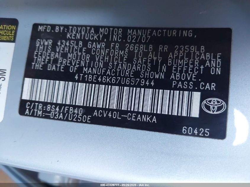 2007 Toyota Camry Le VIN: 4T1BE46K67U657944 Lot: 43326777
