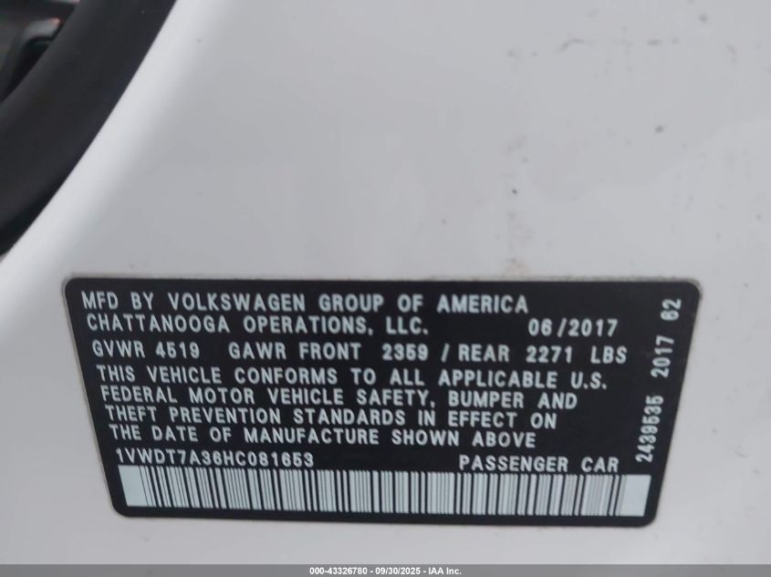 2017 Volkswagen Passat 1.8T R-Line VIN: 1VWDT7A36HC081653 Lot: 43326780