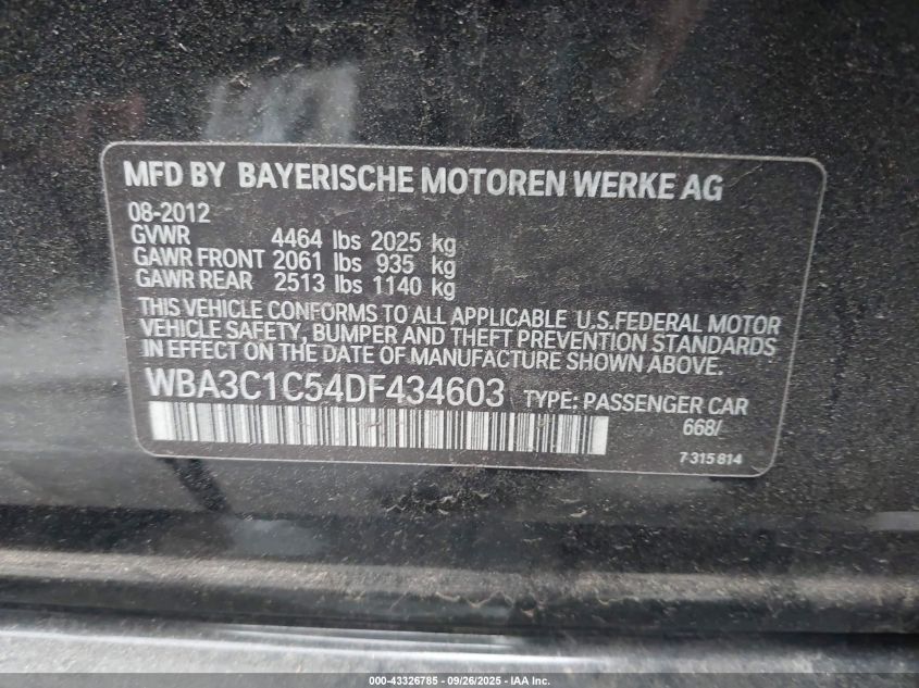 2013 BMW 328I VIN: WBA3C1C54DF434603 Lot: 43326785