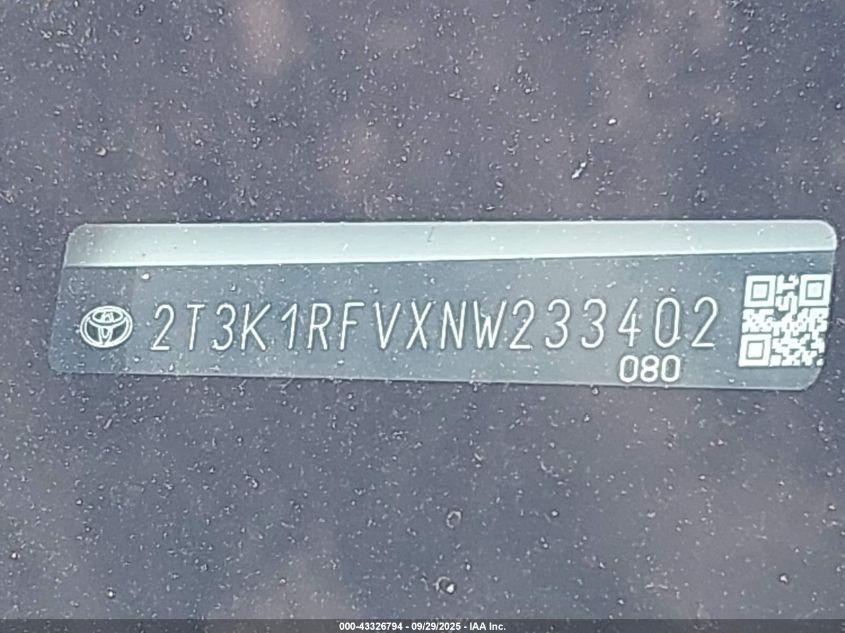 2022 Toyota Rav4 Le VIN: 2T3K1RFVXNW233402 Lot: 43326794