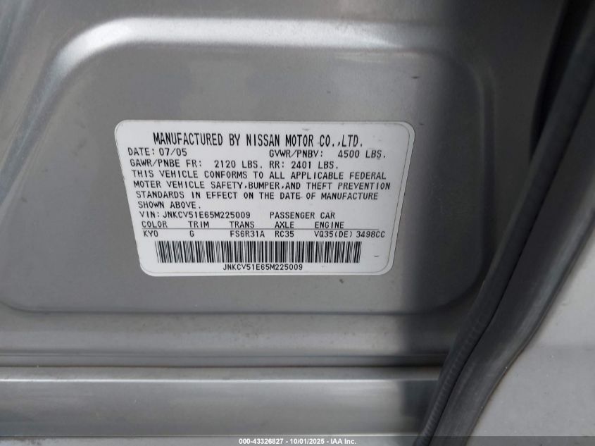 2005 Infiniti G35 VIN: JNKCV51E65M225009 Lot: 43326827