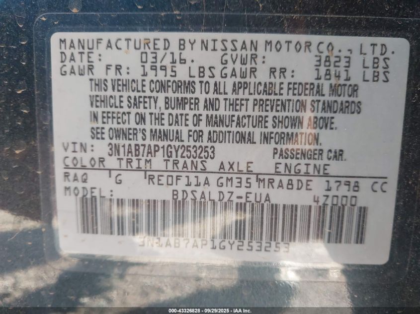 2016 Nissan Sentra Sv VIN: 3N1AB7AP1GY253253 Lot: 43326828