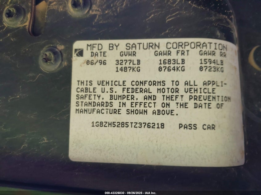 1996 Saturn Sl1 VIN: 1G8ZH5285TZ376218 Lot: 43326830