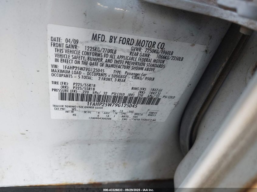 2009 Ford Taurus Limited VIN: 1FAHP25W79G125045 Lot: 43326833