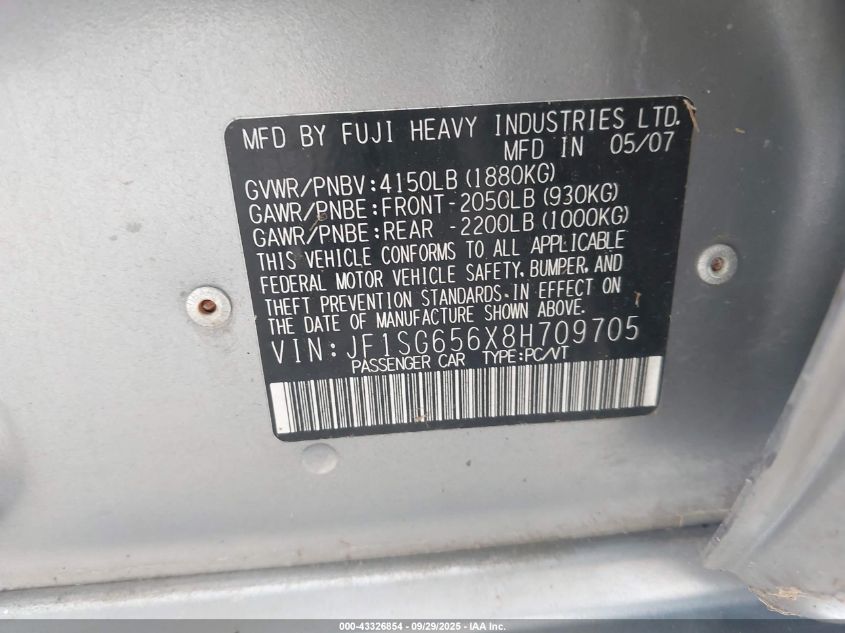 2008 Subaru Forester 2.5X VIN: JF1SG656X8H709705 Lot: 43326854
