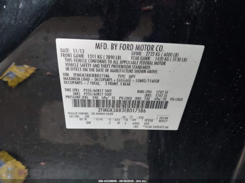 2014 Ford Flex Se VIN: 2FMGK5B83EBD17586 Lot: 43326855