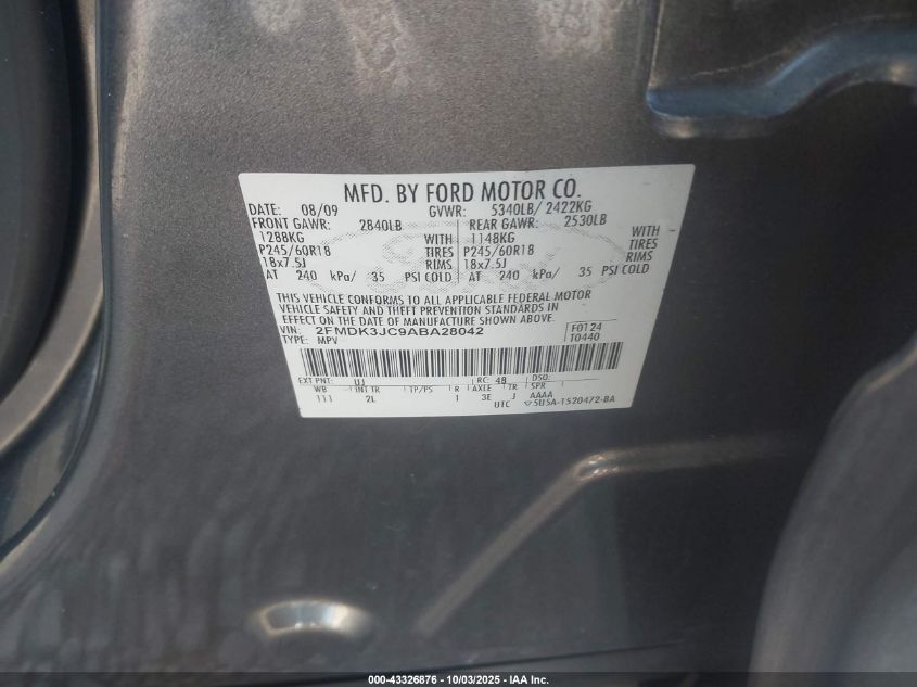 2010 Ford Edge Sel VIN: 2FMDK3JC9ABA28042 Lot: 43326876