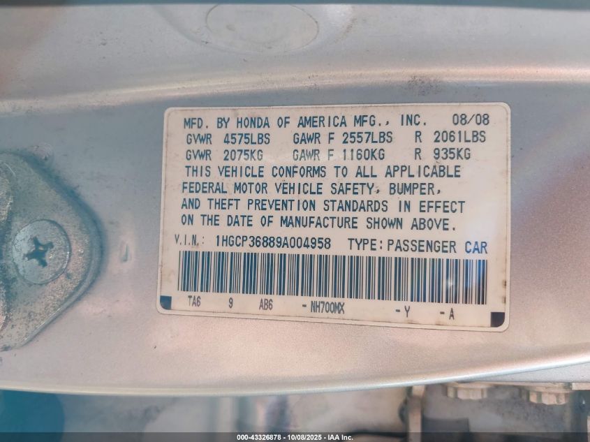 2009 Honda Accord 3.5 Ex-L VIN: 1HGCP36889A004958 Lot: 43326878