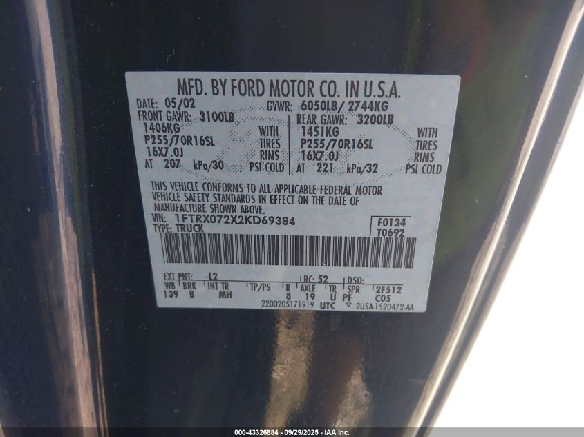 2002 Ford F-150 Xl/Xlt VIN: 1FTRX072X2KD69384 Lot: 43326884