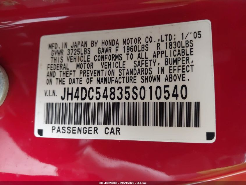 2005 Acura Rsx VIN: JH4DC54835S010540 Lot: 43326889