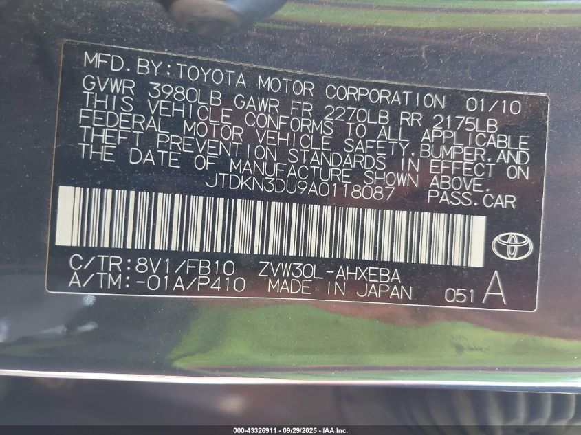 2010 Toyota Prius Ii VIN: JTDKN3DU9A0118087 Lot: 43326911