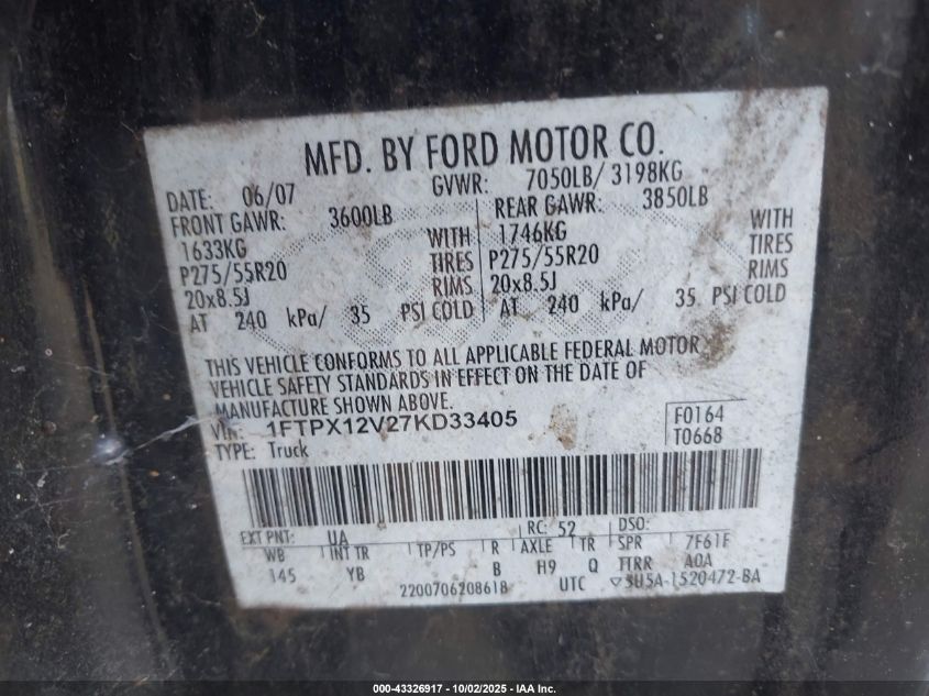 2007 Ford F-150 Lariat/Stx/Xl/Xlt VIN: 1FTPX12V27KD33405 Lot: 43326917