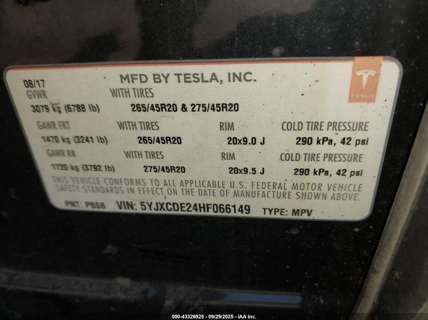 2017 Tesla Model X 100D/75D/90D VIN: 5YJXCDE24HF066149 Lot: 43326925