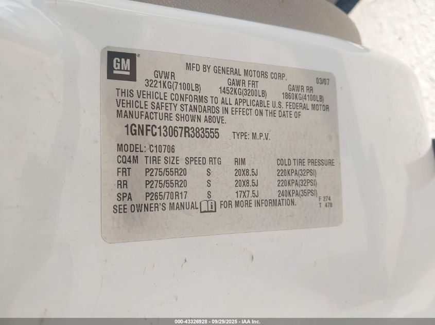 2007 Chevrolet Tahoe Lt VIN: 1GNFC13067R383555 Lot: 43326928