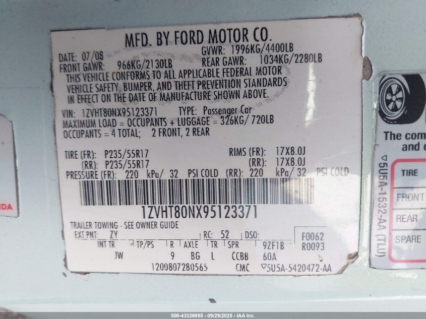 2009 Ford Mustang V6/V6 Premium VIN: 1ZVHT80NX95123371 Lot: 43326955