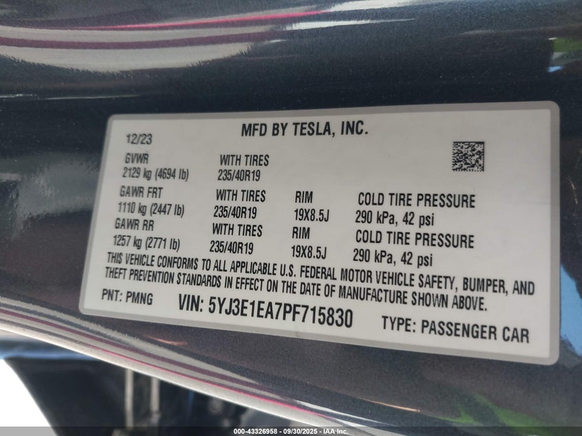 2023 Tesla Model 3 Rear-Wheel Drive VIN: 5YJ3E1EA7PF715830 Lot: 43326958