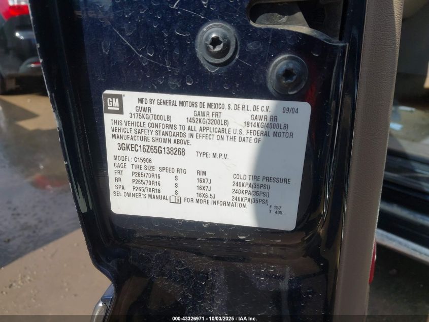 2005 GMC Yukon Xl 1500 Sle VIN: 3GKEC16Z65G138268 Lot: 43326971