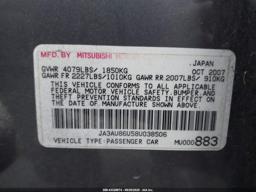 2008 Mitsubishi Lancer Gts VIN: JA3AU86U58U038506 Lot: 43326974