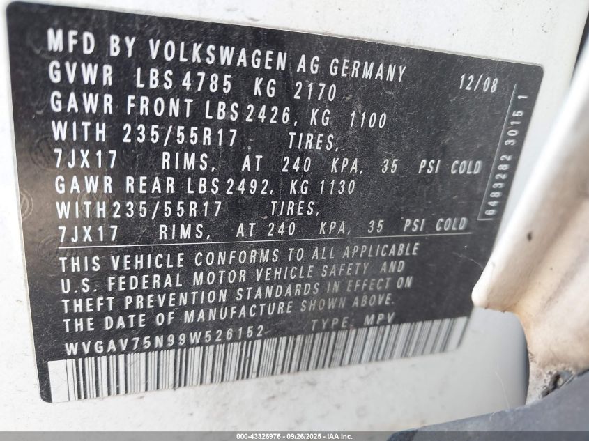 2009 Volkswagen Tiguan Se VIN: WVGAV75N99W526152 Lot: 43326976