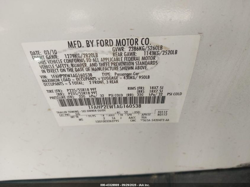 2010 Ford Taurus Sel VIN: 1FAHP2EW1AG160538 Lot: 43363555