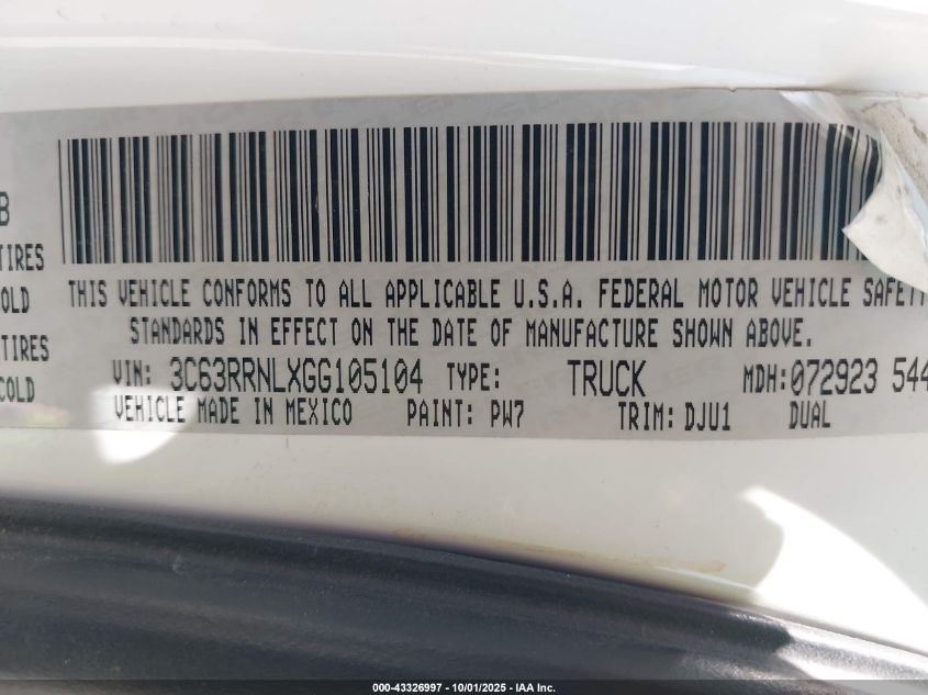 2016 Ram 3500 Longhorn VIN: 3C63RRNLXGG105104 Lot: 43326997