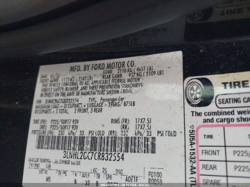 2012 Lincoln Mkz VIN: 3LNHL2GC7CR832554 Lot: 43327001