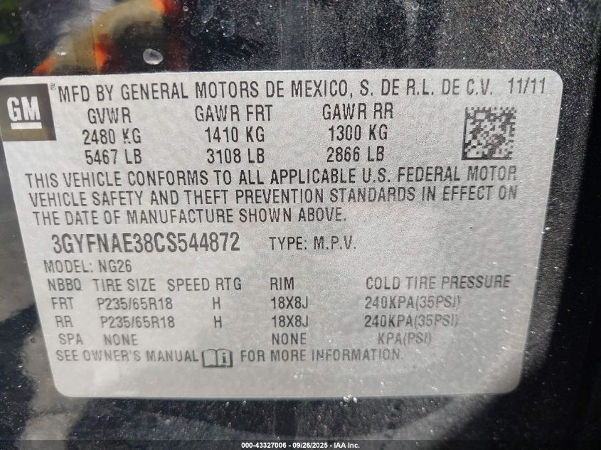 2012 Cadillac Srx Luxury Collection VIN: 3GYFNAE38CS544872 Lot: 43327006