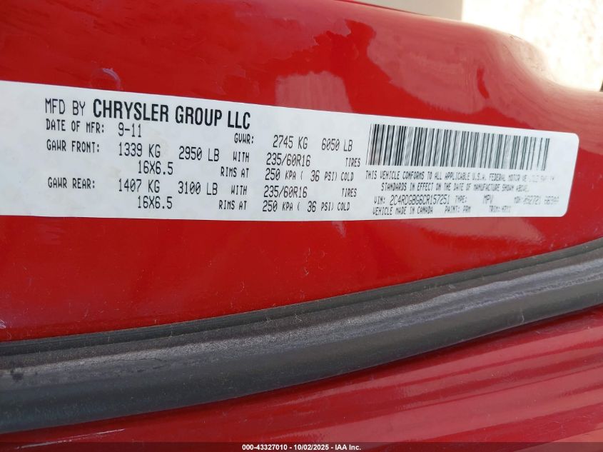 2012 Dodge Grand Caravan Se/Avp VIN: 2C4RDGBG6CR157251 Lot: 43327010