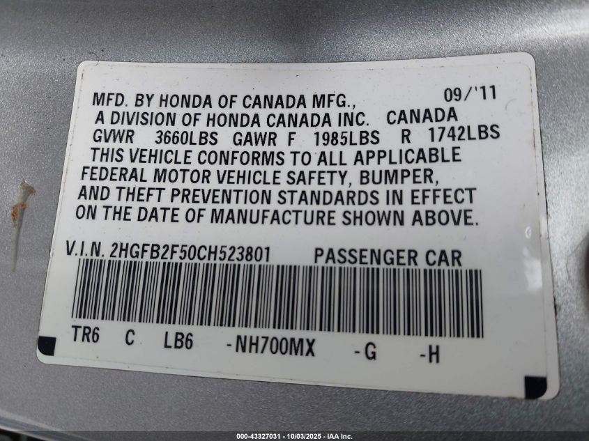 2012 Honda Civic Lx VIN: 2HGFB2F50CH523801 Lot: 43327031