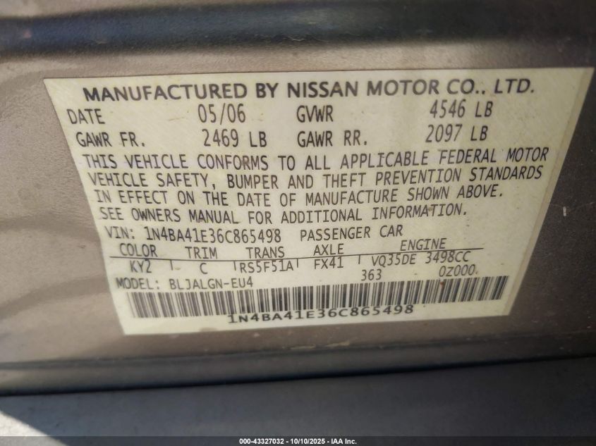 2006 Nissan Maxima 3.5 Sl VIN: 1N4BA41E36C865498 Lot: 43327032